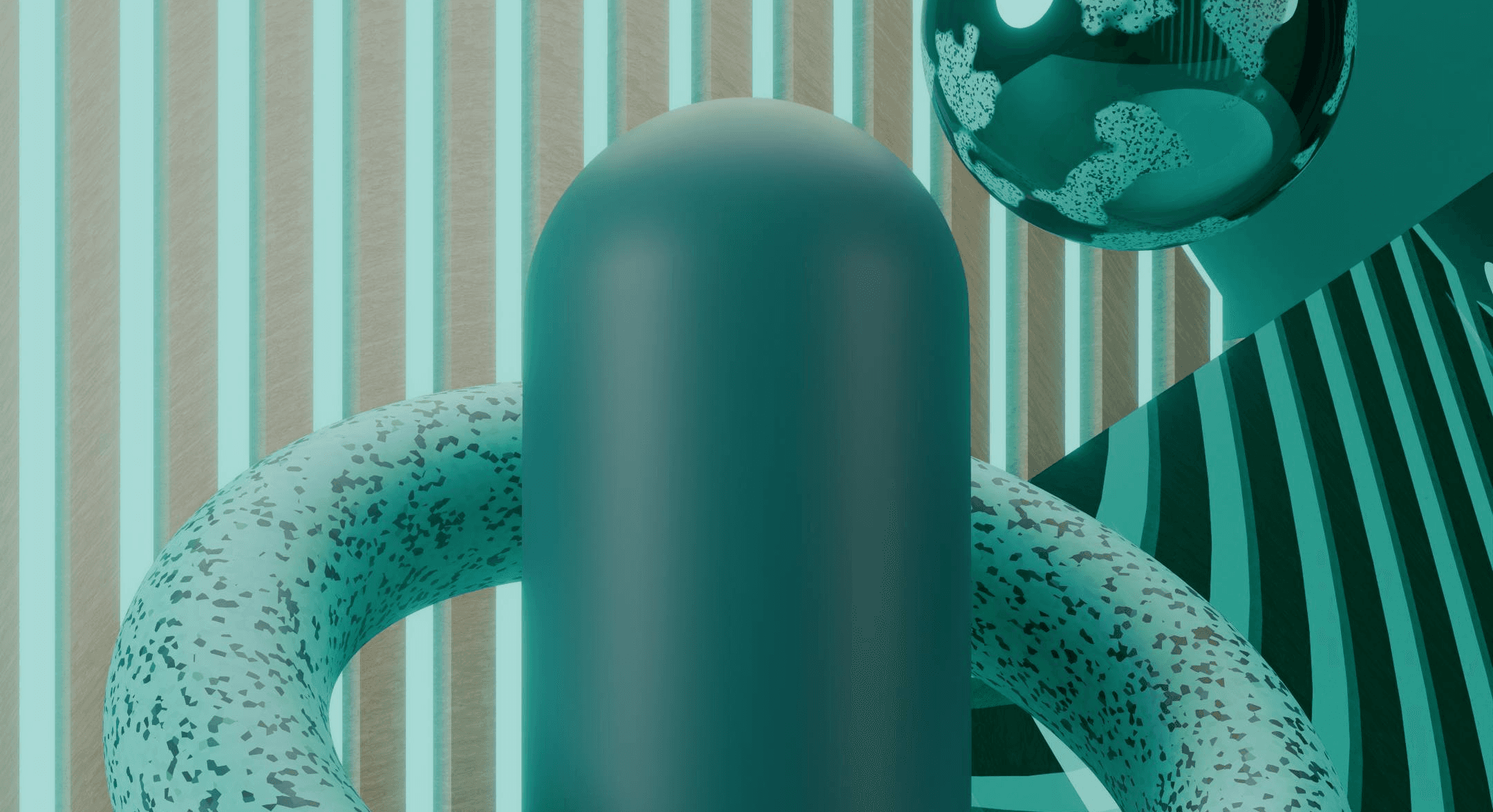 Abstract blue 3D shapes. Cylinder, torus, and geometric design.