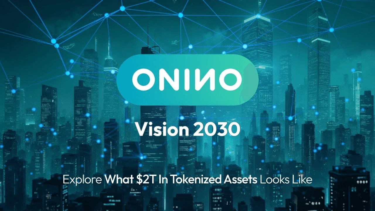 Blockchain-connected smart city skyline illustrating ONINO Vision 2030 and what $2 trillion in tokenized assets looks like