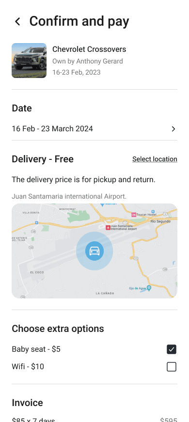 FlynCar app ‘Confirm and Pay’ page for a Chevrolet Crossovers rental. Displays rental dates, free delivery , optional extra, and the total cost.