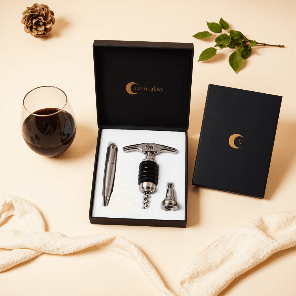 product photography of A gift set containing a corkscrew, two wine glasses, and a box