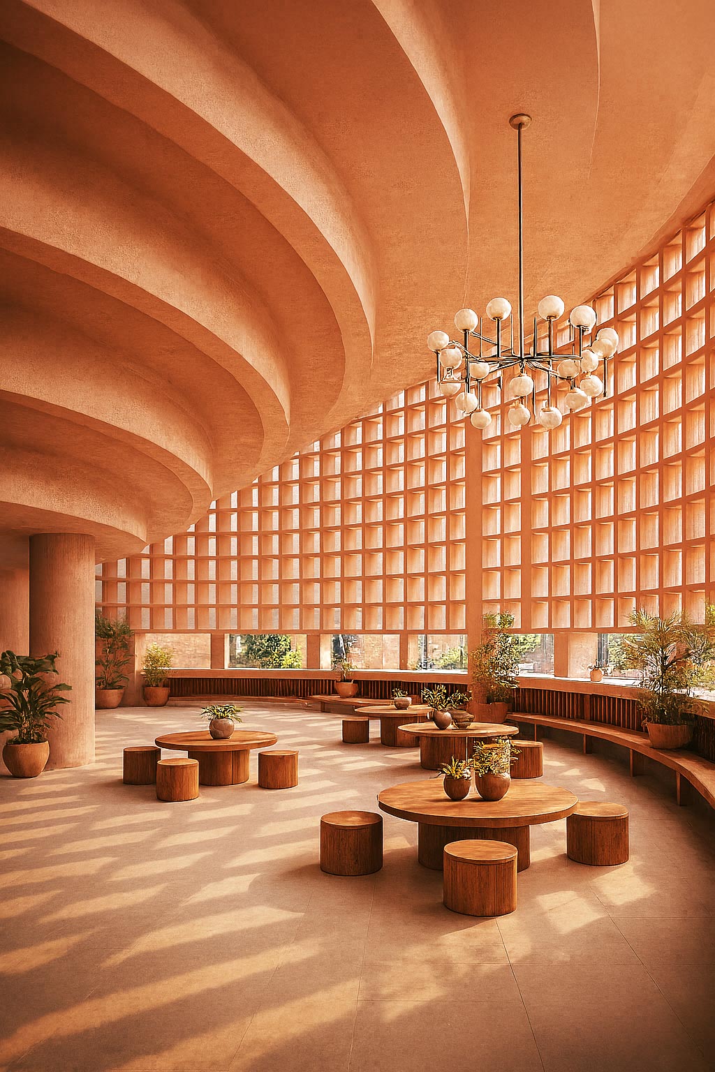 Modern terracotta architecture studio with curved ceilings, grid windows, round tables, stools, plants, and a contemporary chandelier.