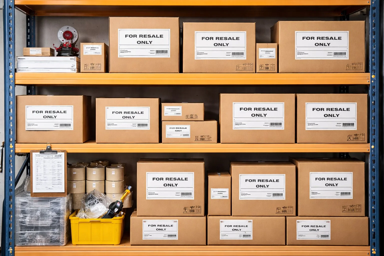 Warehouse shelf with neatly packaged products labeled for resale, showing an organized inventory flow.