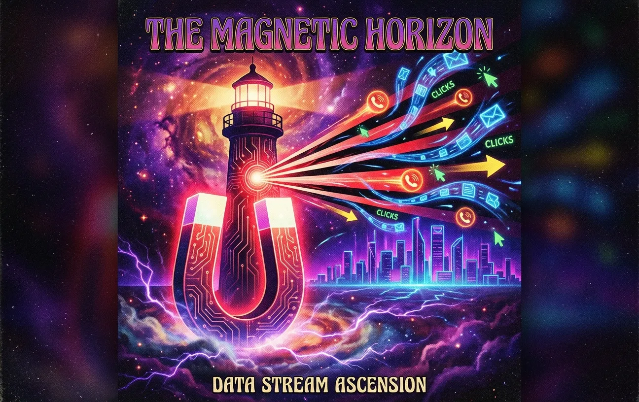 Lighthouse emitting digital symbols in cosmic scene, RockN' Socials, Digital Marketing.