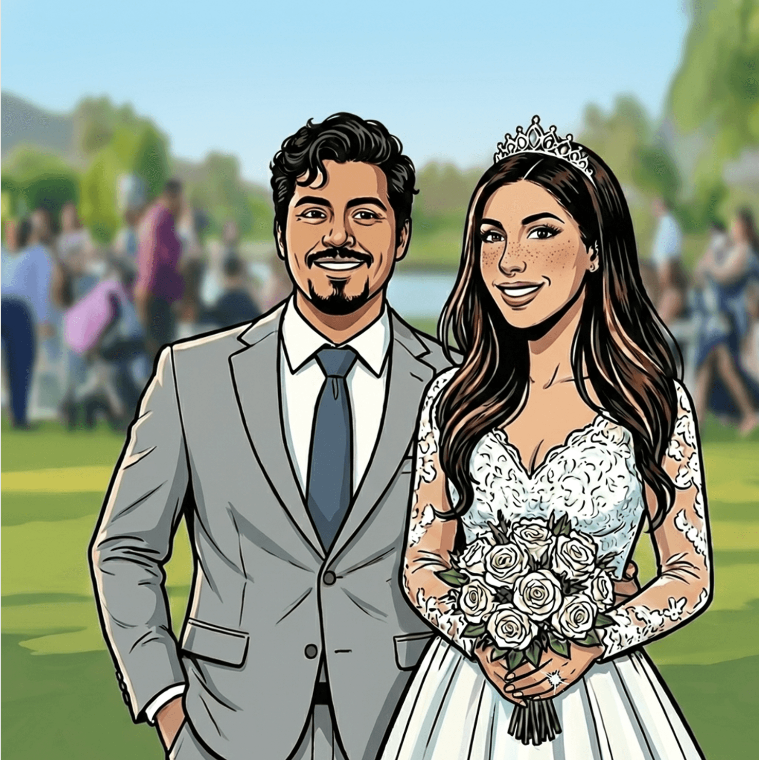 Smiling young woman with long hair standing against a dark green background, holding a finger to her chin.