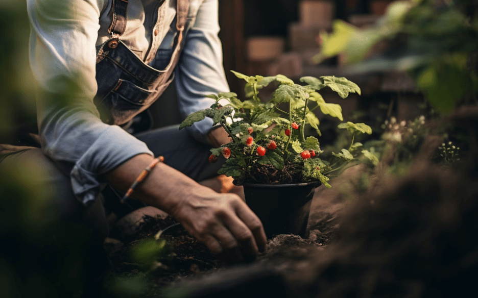 Hand weeding a flower bed to remove weeds