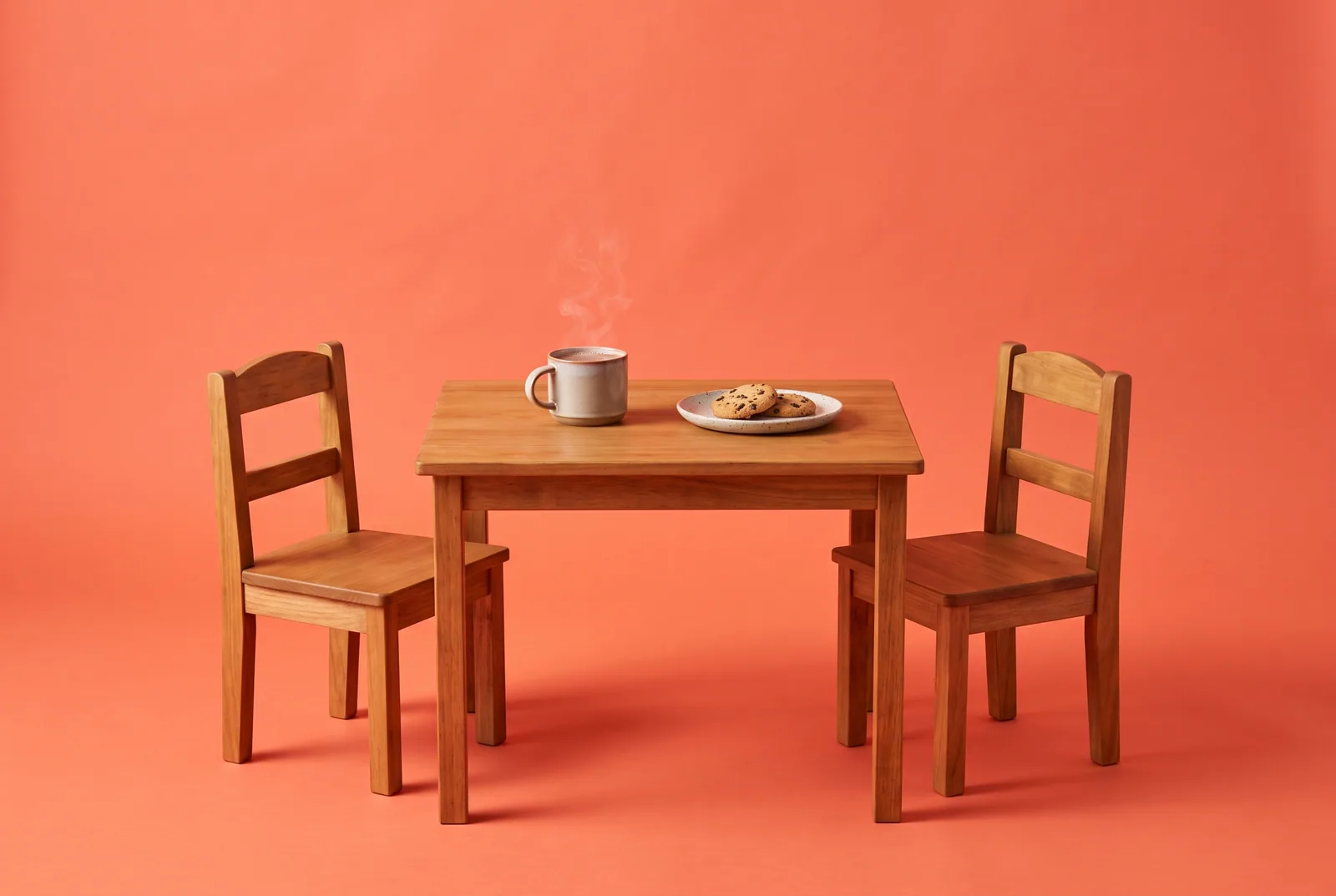 A small table with cocoa and cookies and two chairs facing each other, staying calm when you talk to your son about porn