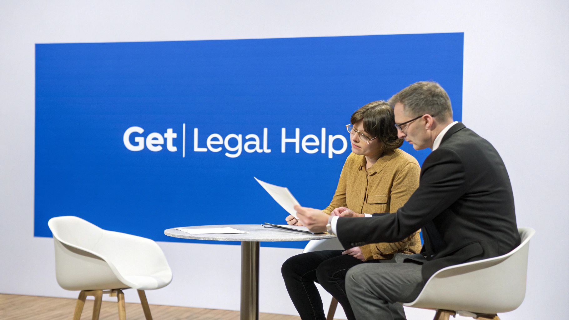 Two professionals, a man and woman, review documents at a table with 'Get | Legal Help' sign in the background.