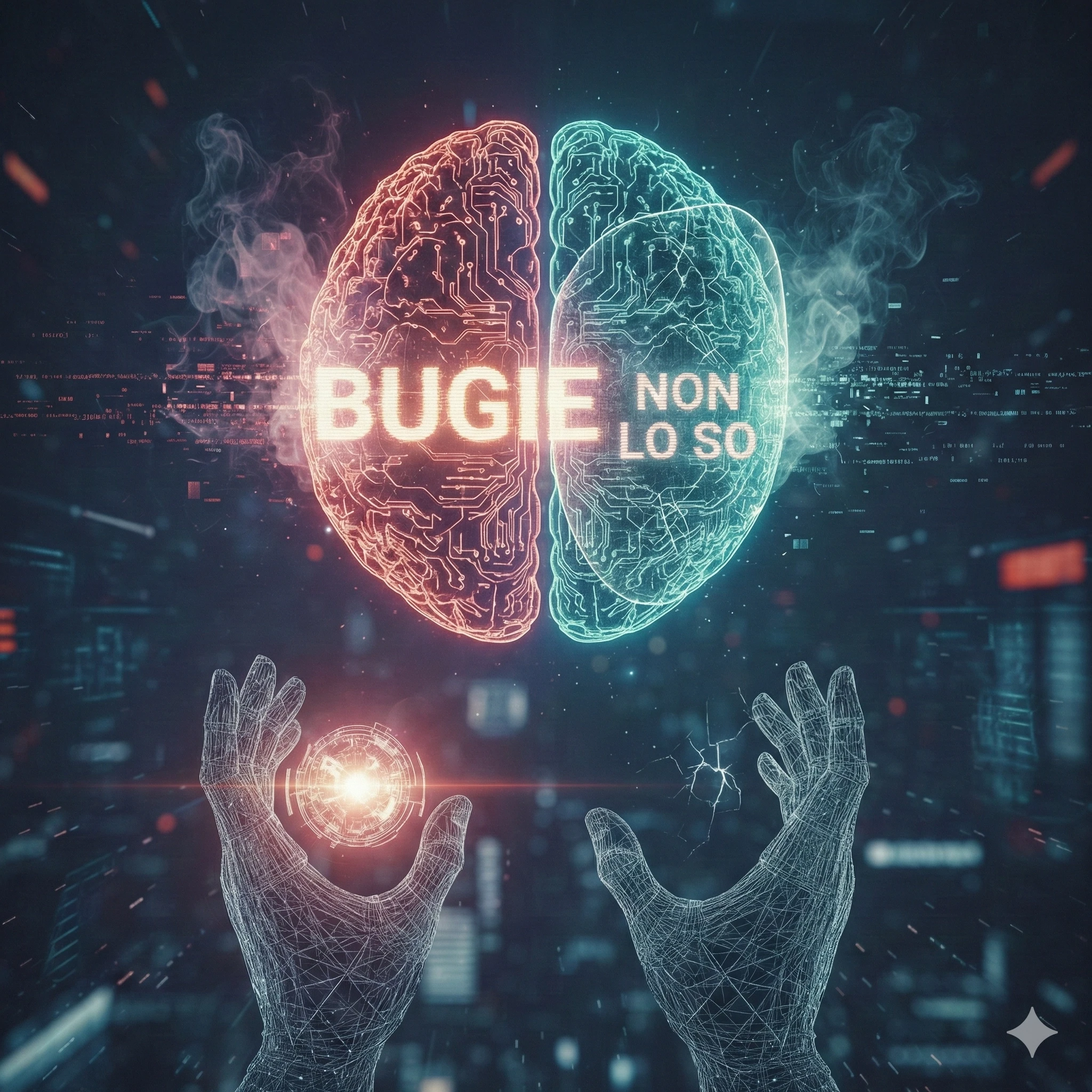 Grafica digitale artistica che rappresenta le sfide della veridicità dell'IA. Presenta un cervello elettronico luminoso diviso in "BUGIE" in arancione e "NON SO" in color teal, fluttuante sopra mani stilizzate su uno sfondo futuristico e orientato ai dati.