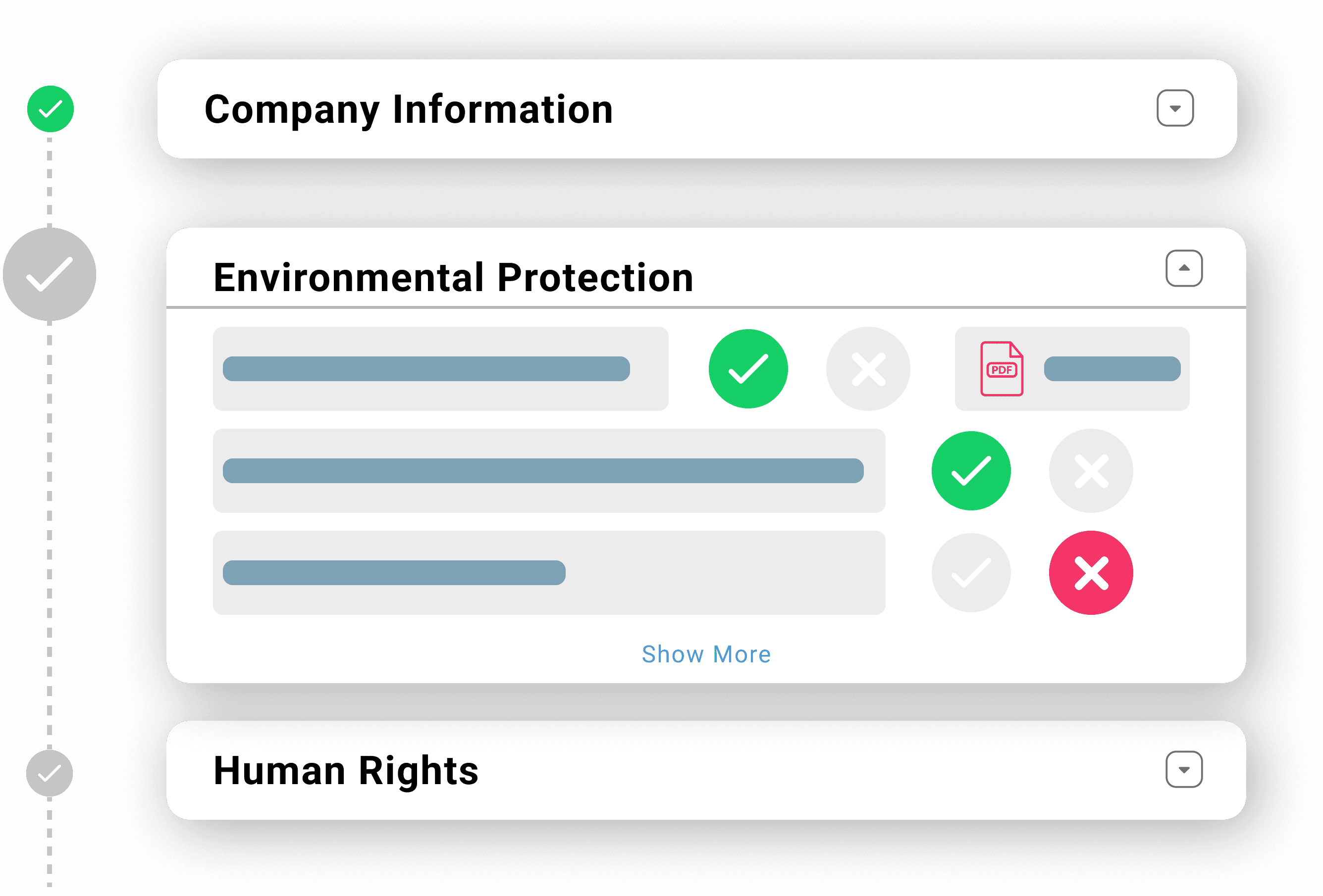 The image displays a digital interface with sections labeled "Company Information," "Environmental Protection," and "Human Rights," featuring checklists with indicator icons in green, gray, and pink showing approval or disapproval statuses.