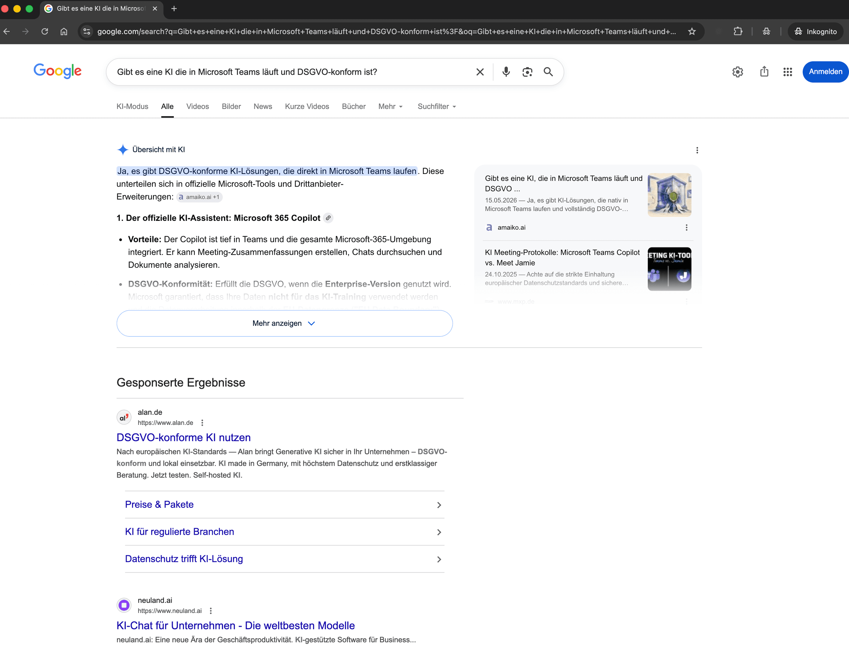 Google Suchergebnis für einen Prompt - Gibt es eine KI die in MS Teams läuft und DSGVO-konform ist?