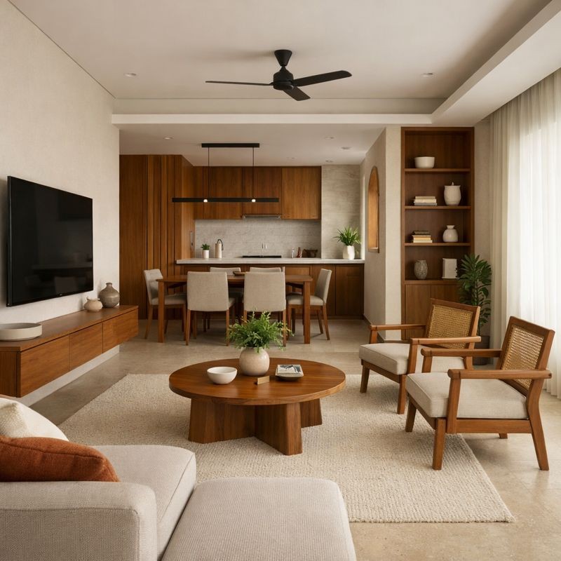 Modern kitchen with a wooden dining table, white chairs, and a hanging light fixture above.