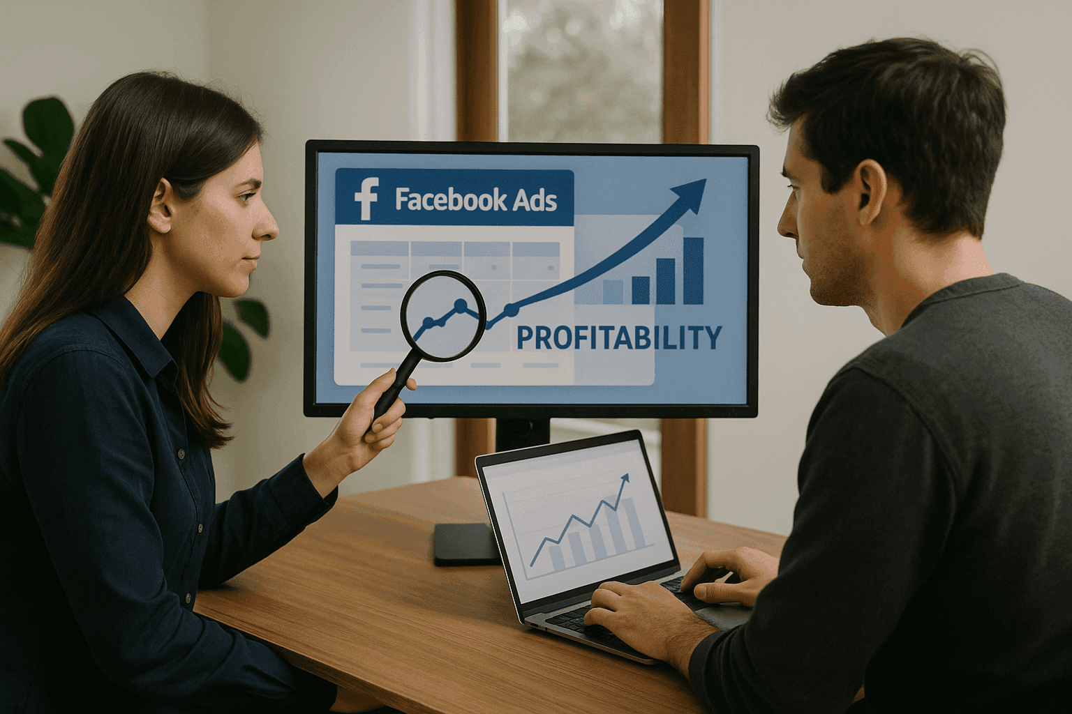 Two digital marketers analyzing Facebook Ads performance data on a computer screen and laptop, focusing on ROAS and profitability metrics in a well-lit modern office setting.