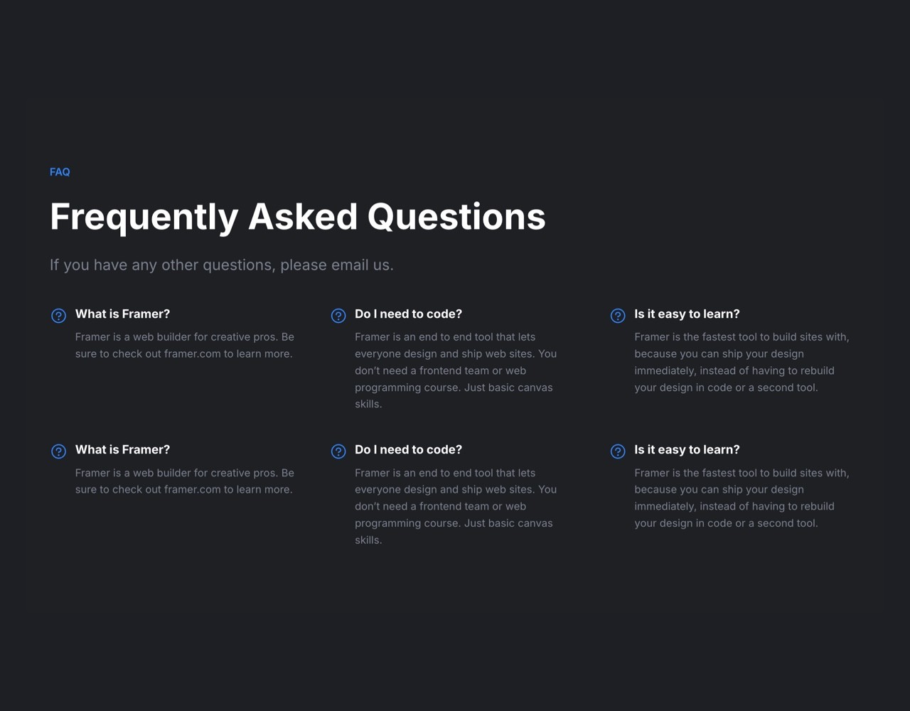 Framer Dark FAQ Section - Frameblox UI