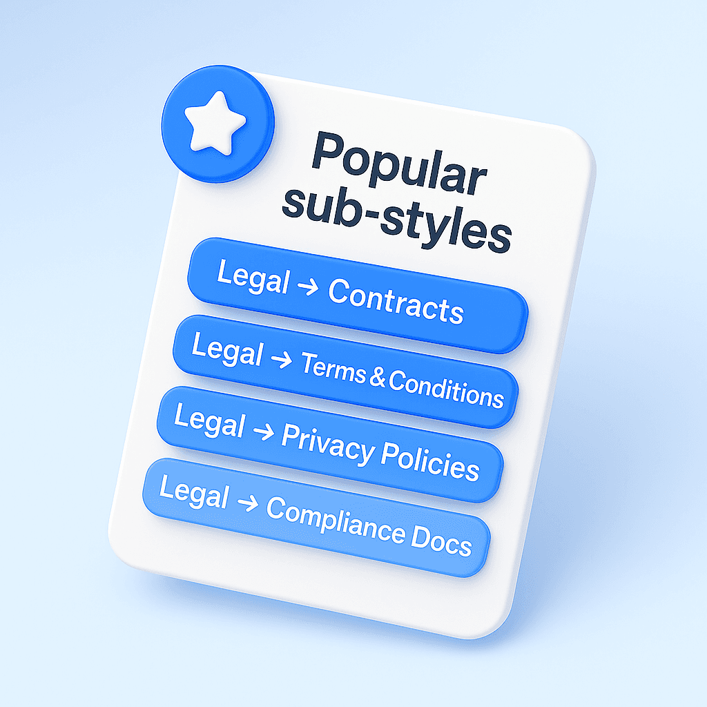 3D card-style illustration titled ‘Popular sub-styles’ with buttons for Legal → Contracts, Terms & Conditions, Privacy Policies, and Compliance Docs