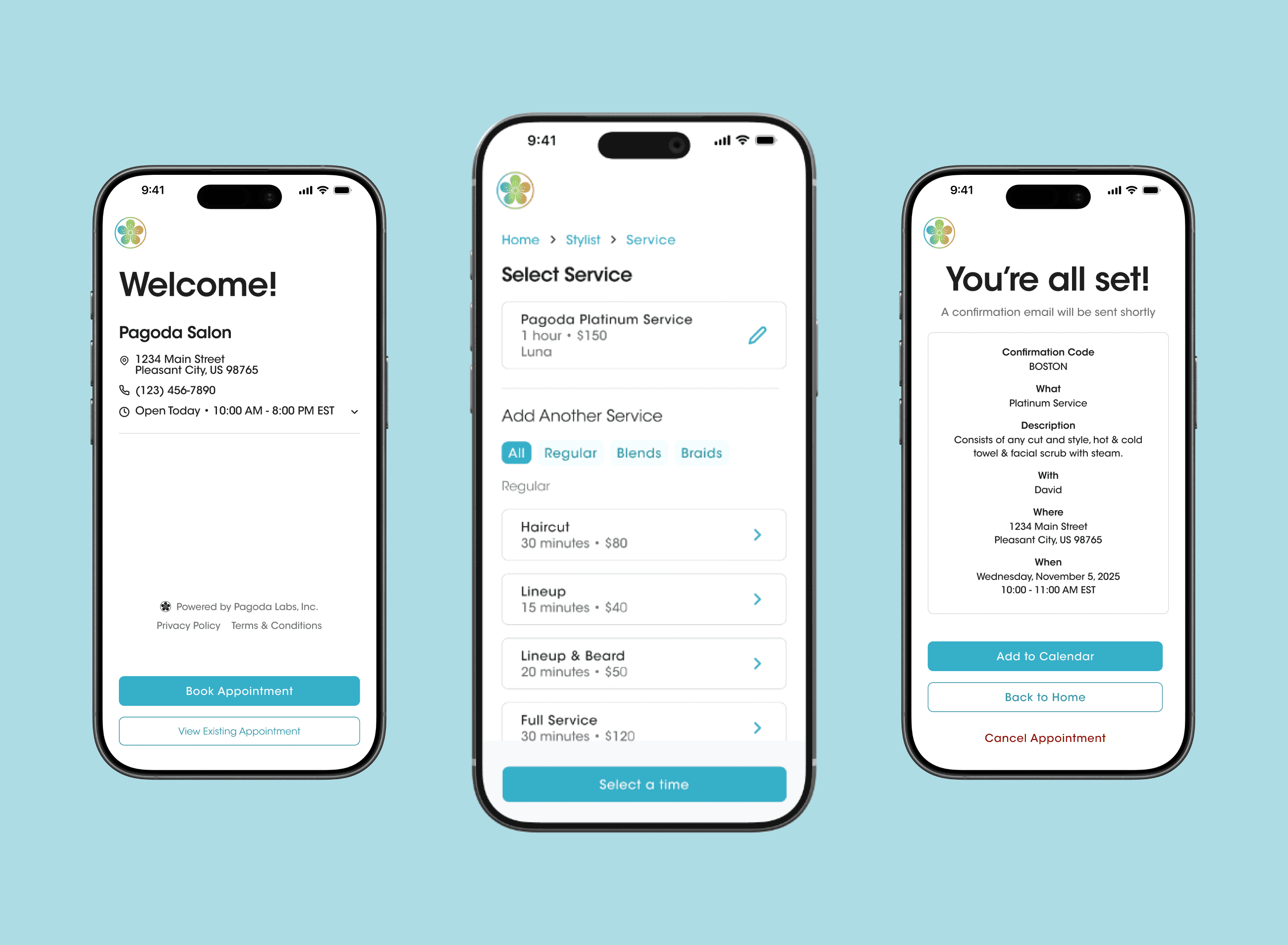 Three phone screens from the Pagoda Labs app showing time selection, service selection, and a booking confirmation