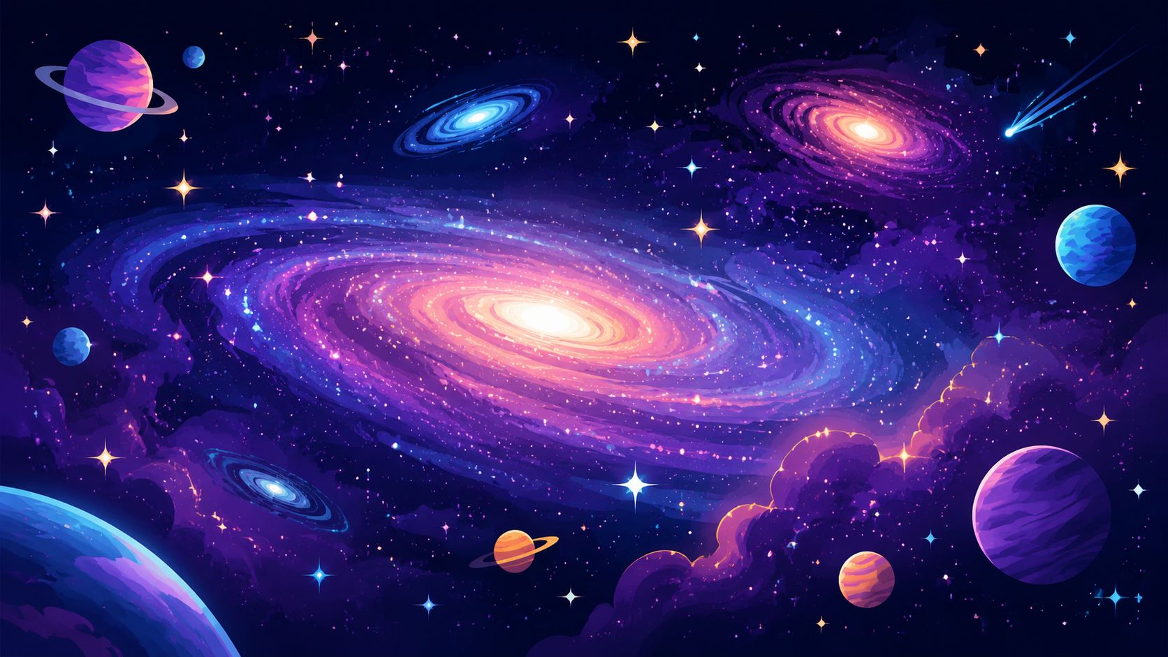 Una impresionante representación artística de galaxias vibrantes, planetas coloridos y estrellas brillantes en el espacio profundo.