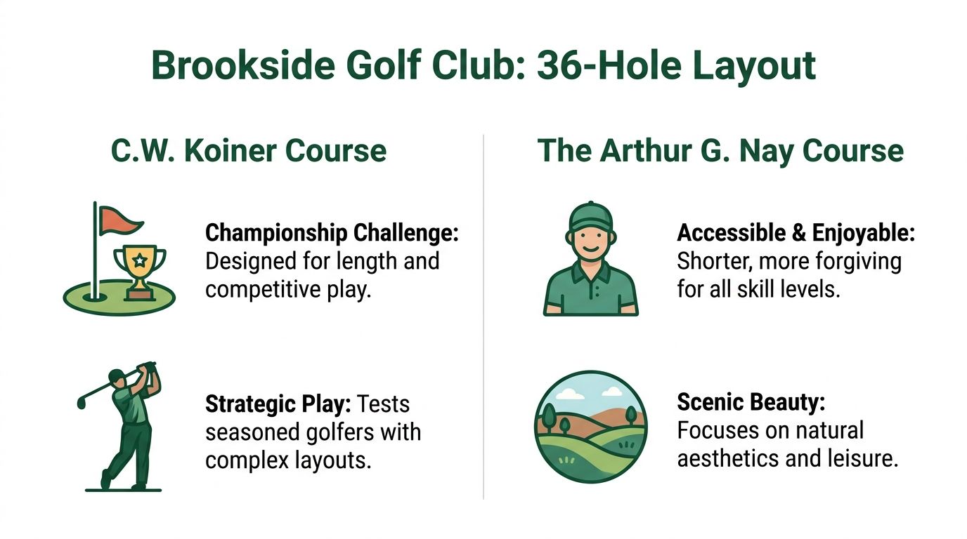 A graphic describing the Brookside Golf Club 36-hole layout featuring the C.W. Koiner and Arthur G. Nay courses.
