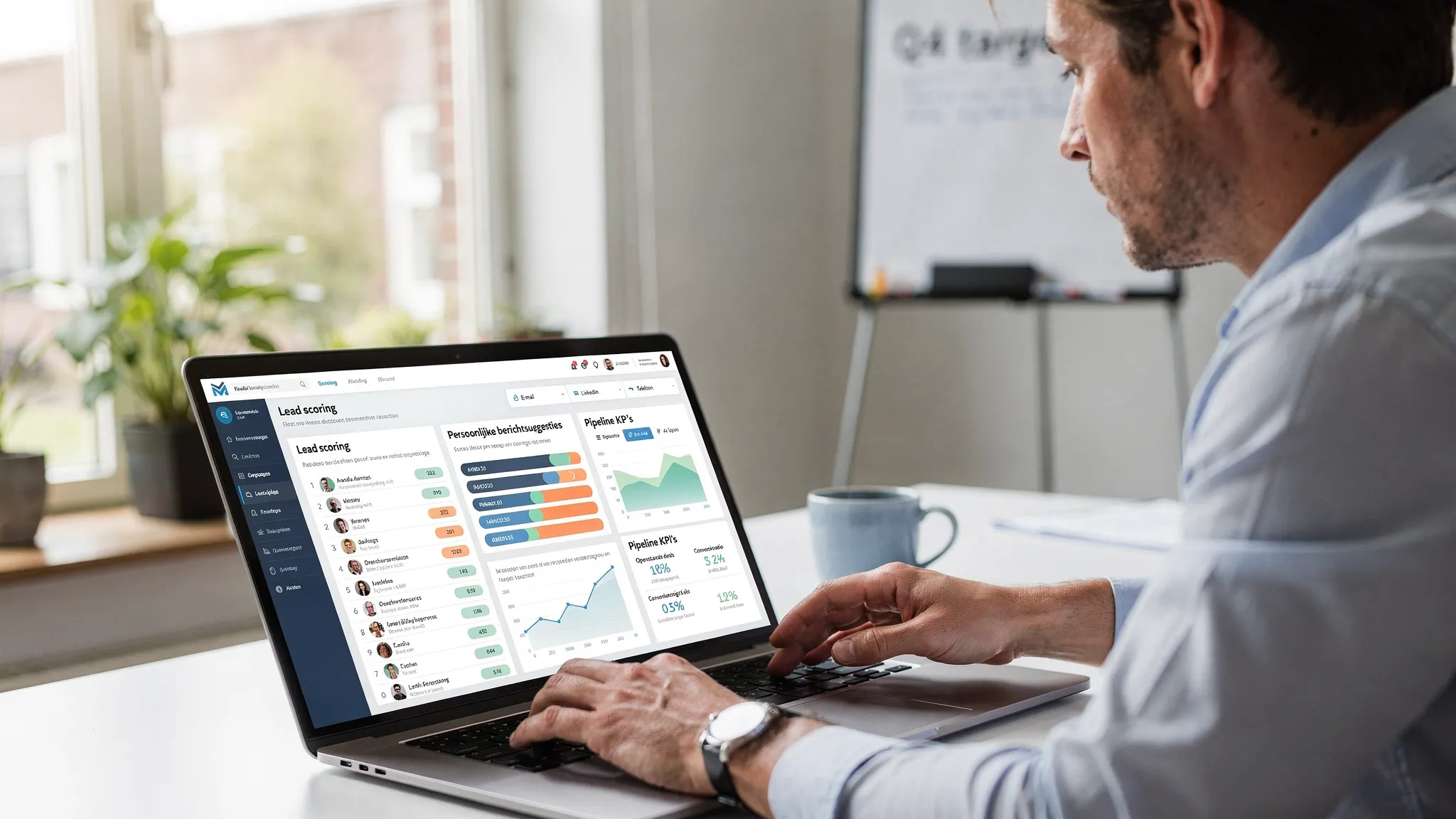 Een salesmedewerker bij een Nederlands mkb ziet op een duidelijk leesbaar scherm een AI-gedreven dashboard met lead scoring, persoonlijke berichtsuggesties per kanaal en actuele pipeline KPI’s. Het laptopscherm is naar de kijker gericht en goed zichtbaar, zonder reflecties.