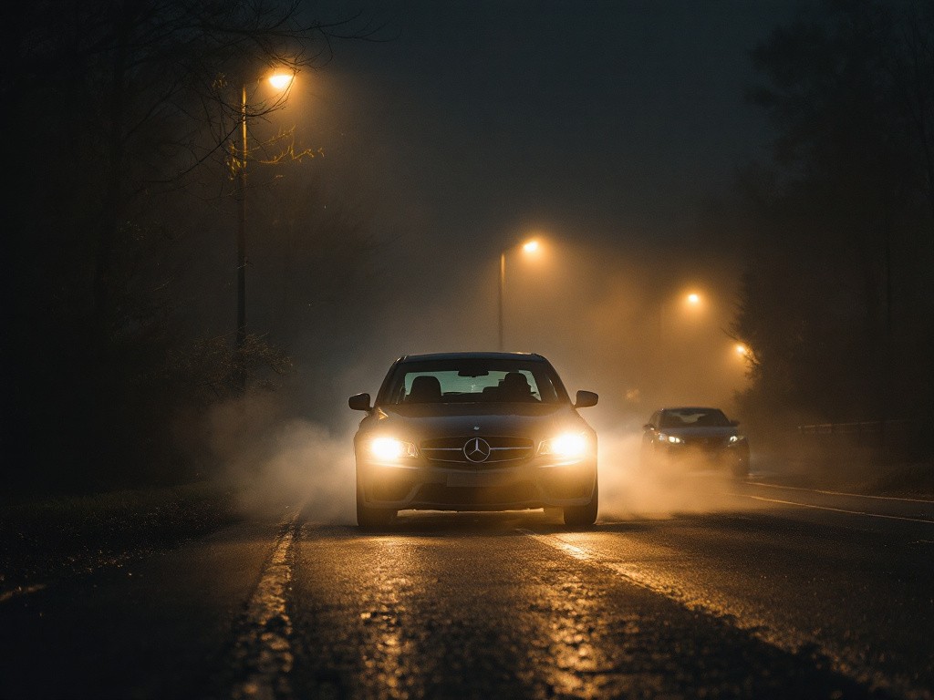 A car driving down a foggy road at night