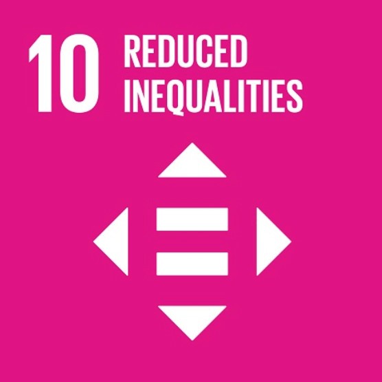 The image represents the tenth United Nations Sustainable Development Goal (SDG 10), which is "Reduced Inequalities." It features a magenta background with the text "10 Reduced Inequalities" at the top. Below the text, there is a white icon of an equal sign within a diamond shape with arrows pointing outward in four directions, symbolizing the aim to reduce inequalities within and among countries. This goal emphasizes the need to reduce inequality in income as well as those based on age, sex, disability, race, ethnicity, origin, religion, or economic or other status.