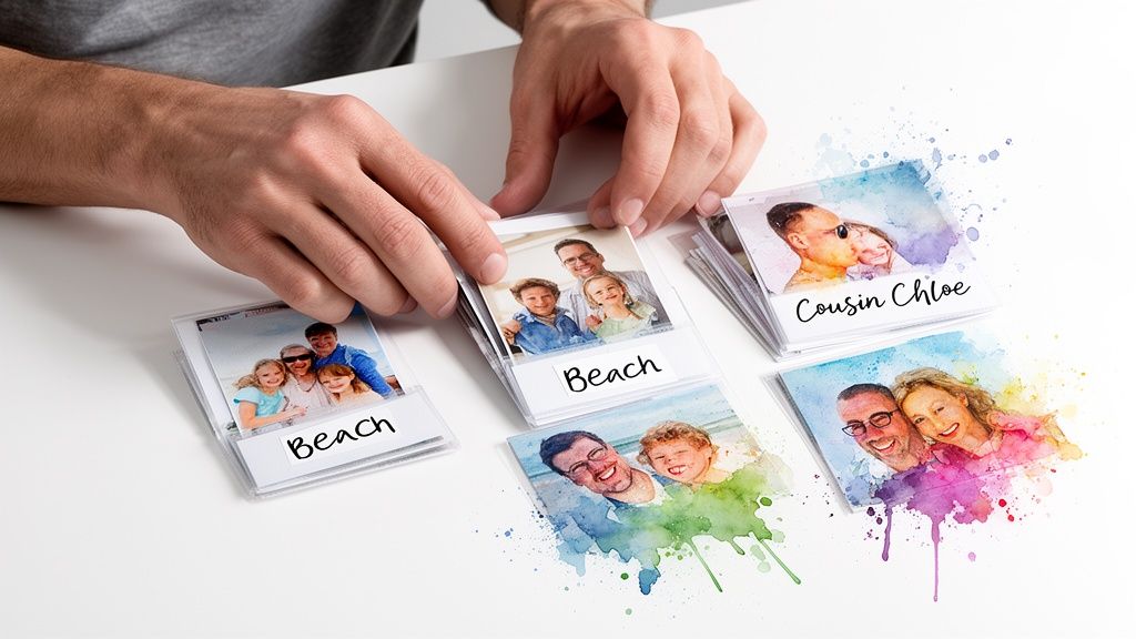 Close-up of hands organizing small, custom family photos, some labeled 'Beach', on a white table.