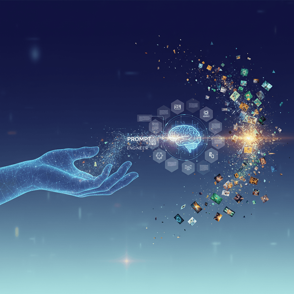 Abstract representation of human-AI collaboration, with a hand guiding digital information flow, illustrating the concept of 'prompt engineering'. Clean, modern, and universally appealing.