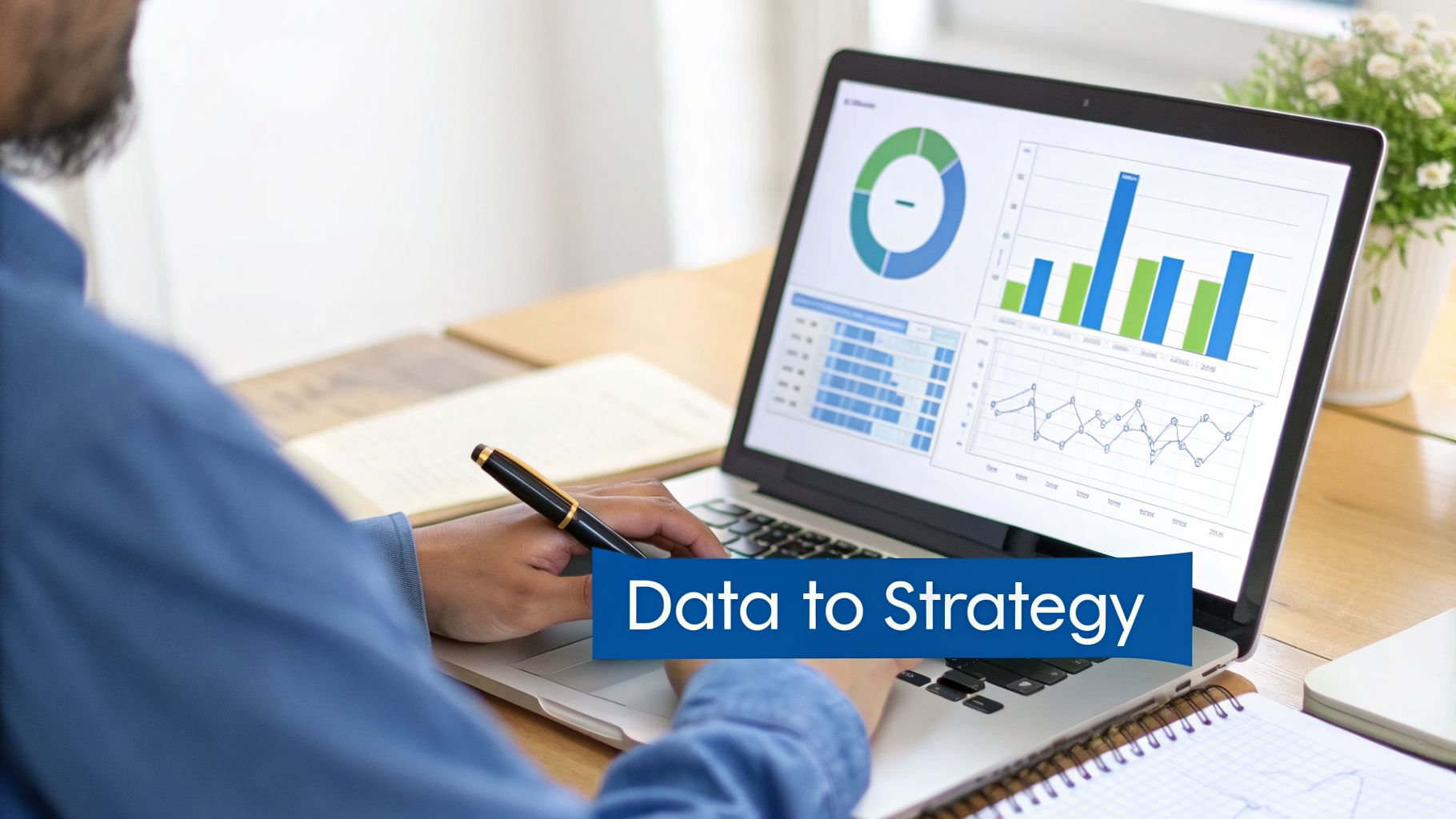 Person analyzing business data visualizations on a laptop, bridging data insights to strategic planning.