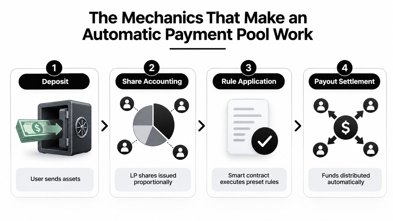 A diagram illustrating the four-step workflow of an automatic payment pool involving deposits, share accounting, rules, and payouts.