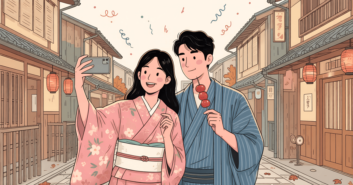 An illustrated young couple on a traditional Kyoto street taking a selfie together. The woman wears a pink floral kimono with a white obi and holds up a phone. The man wears a blue striped kimono and holds a candied strawberry on a stick. Traditional wooden buildings with paper lanterns line both sides of the street. Autumn leaves scattered on the ground. Warm tones with hand-drawn doodle marks. Flat painterly style, variable linework.
