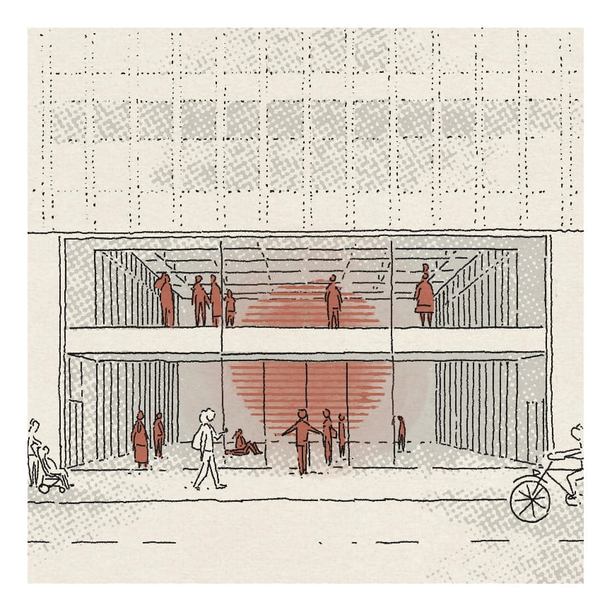 Historical architectural illustration featuring multiple levels with figures, intricate details, and a sun symbol.