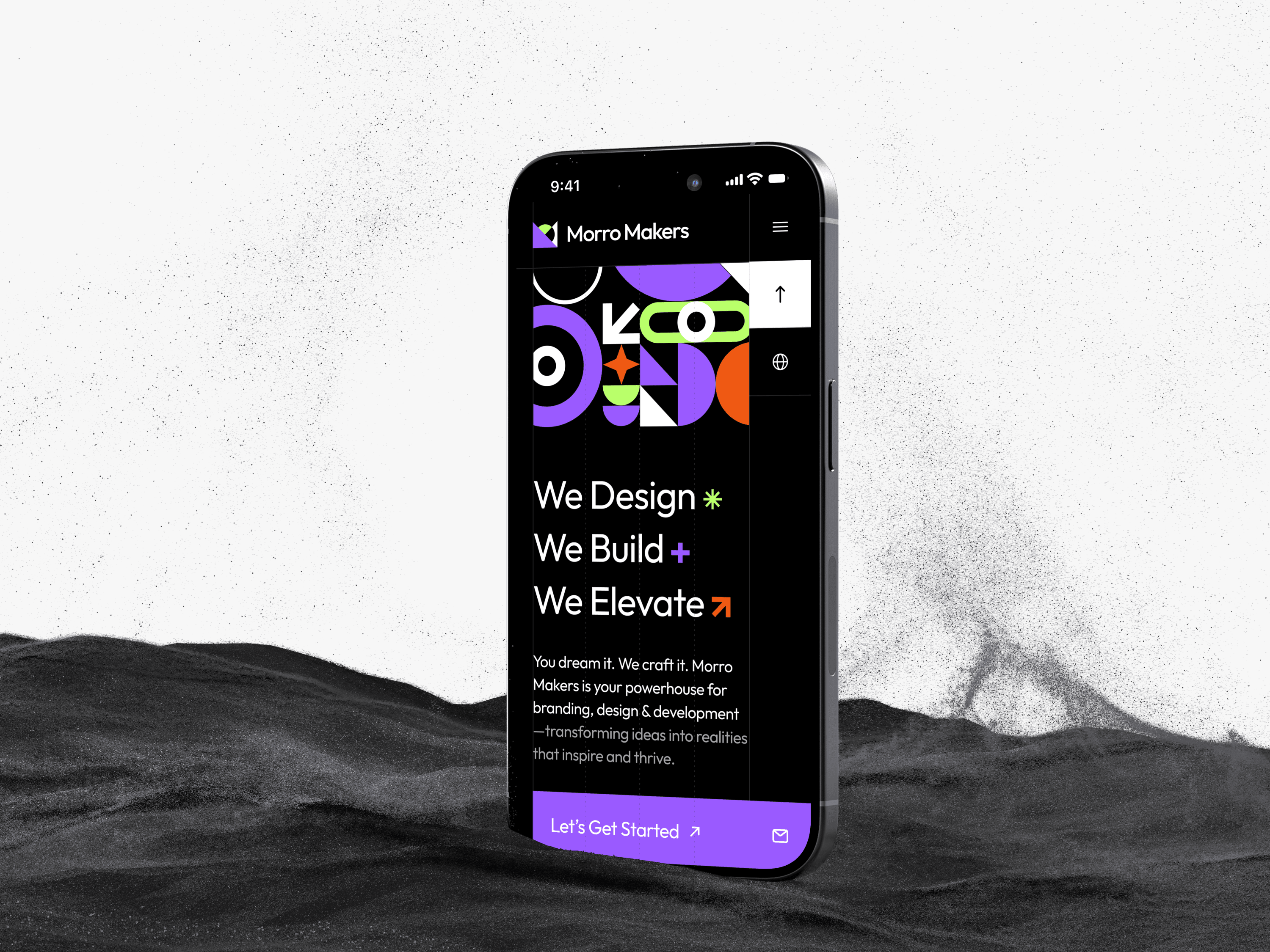 Hero shot of the Morro Makers website on a mobile phone, with the tagline 'We Design. We Build. We Elevate.