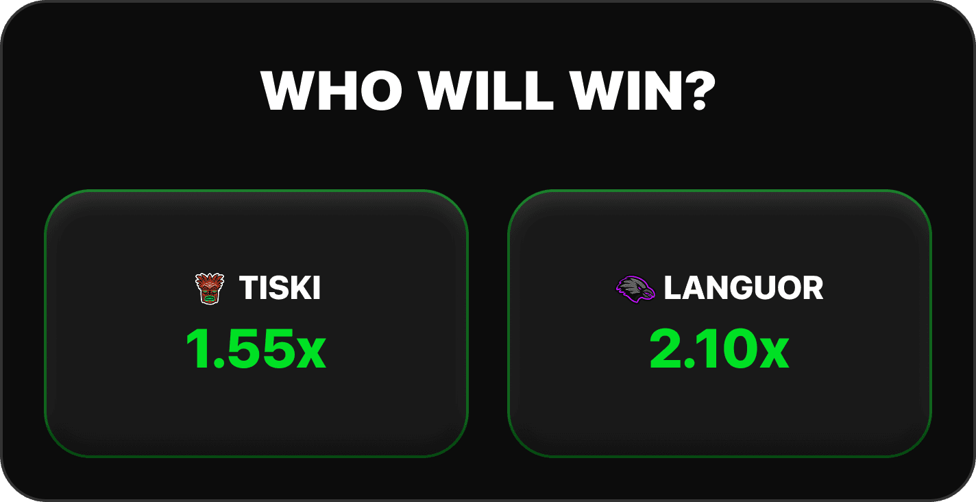 Counter-Strike pre-game match winner staking options on 1v1Me showing Tiski vs Languor with payout multipliers