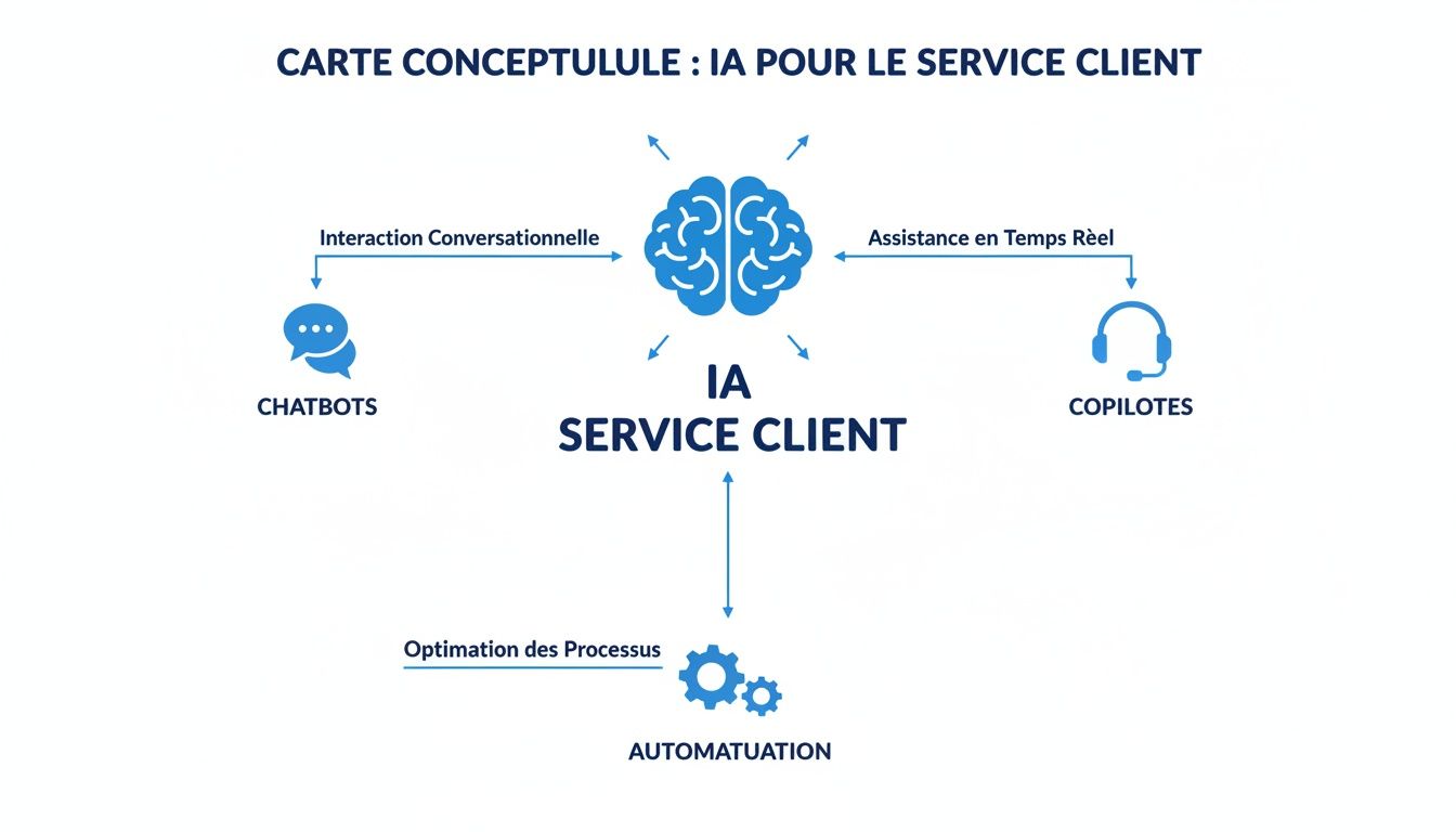 Carte conceptuelle détaillée de l'IA pour le service client, illustrant les chatbots, copilotes et l'automatisation des processus.