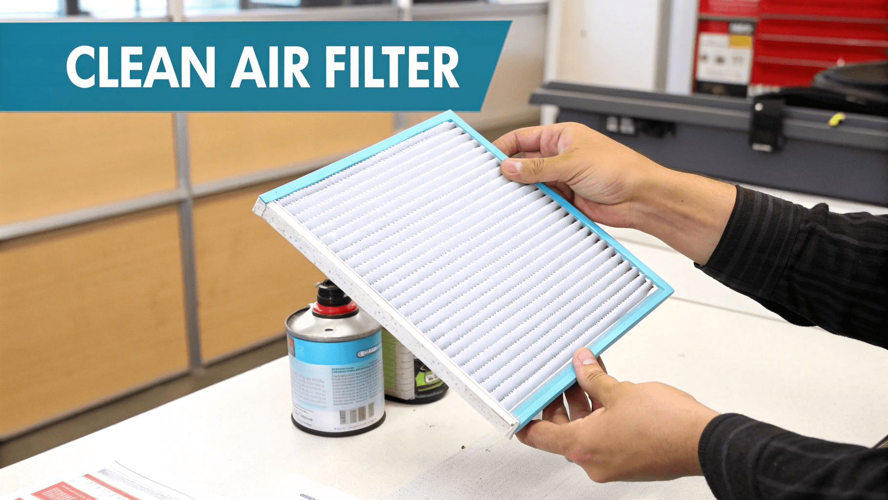 a man holding a clean air filter in an office setting