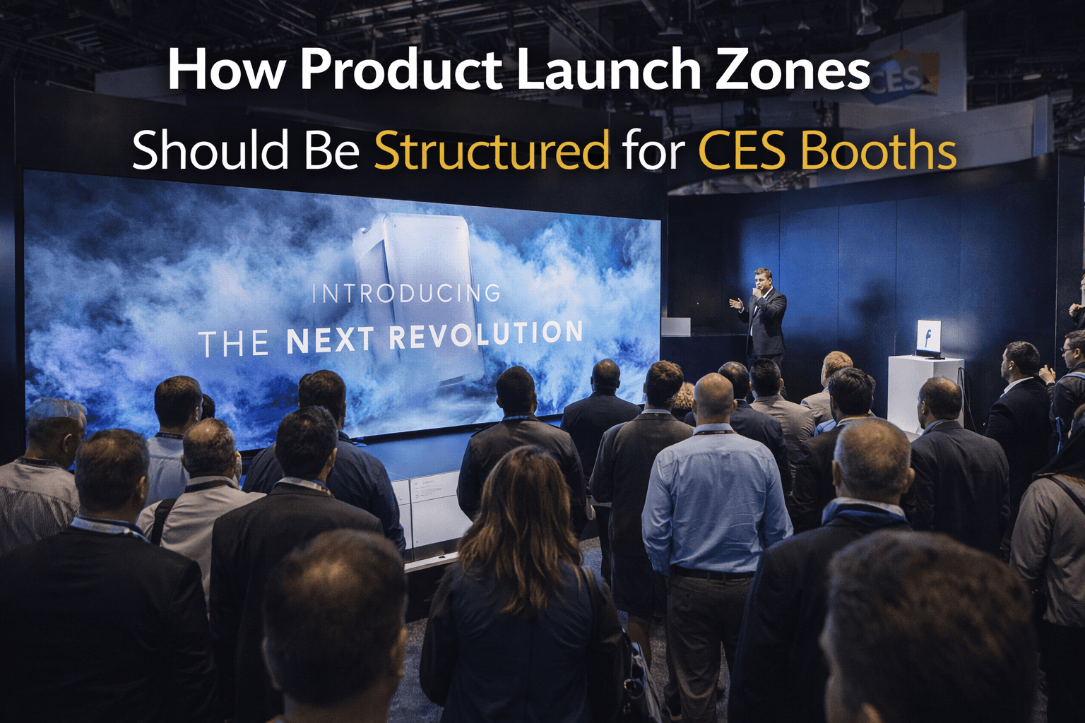 CES product launch zone in Las Vegas with a large LED reveal screen, controlled audience space, and a presenter introducing a new product