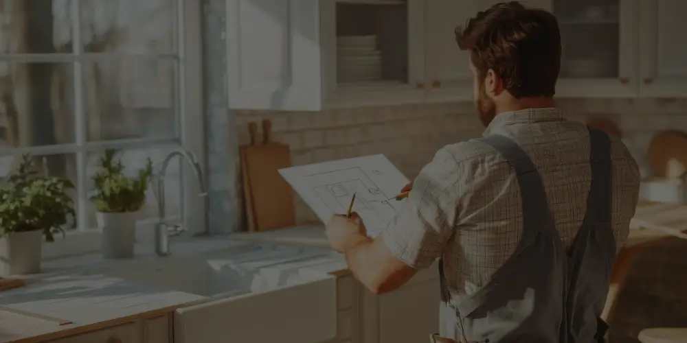 Homeowners reviewing blueprints for a kitchen remodel.