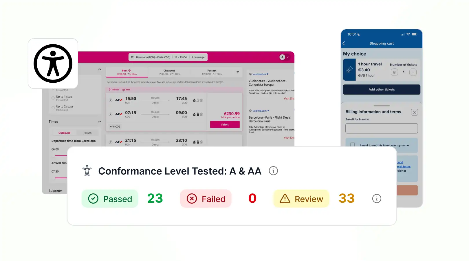 Two images of desktop and mobile interfaces and the summary of an accesibility audit.