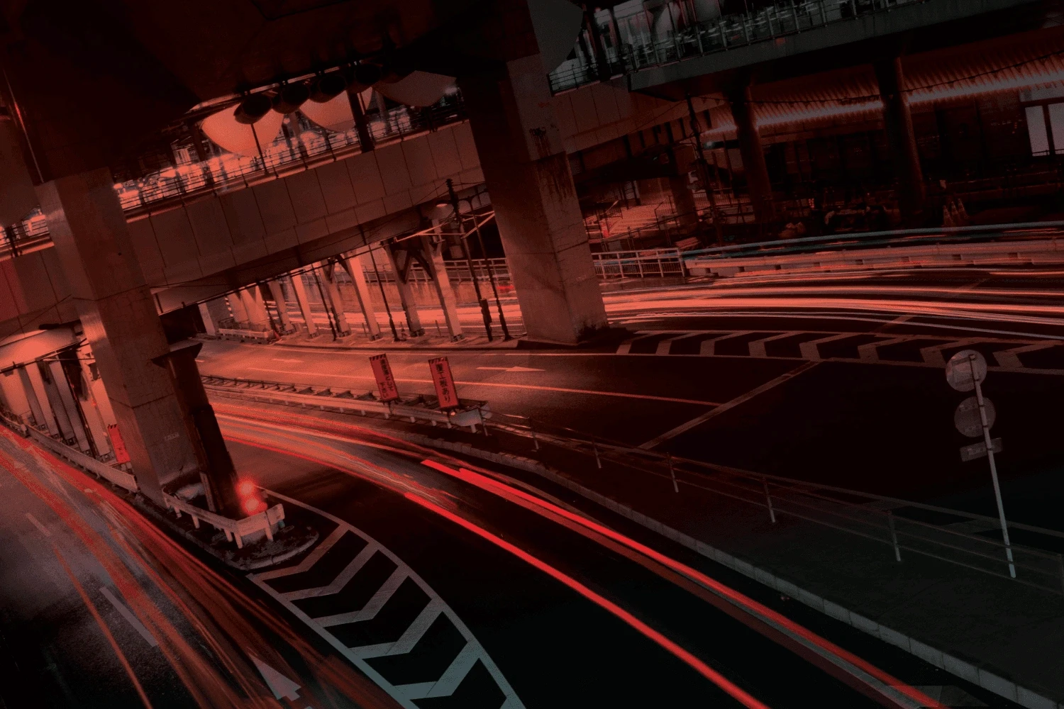Atmospheric nighttime Japanese bridge scene with dynamic red motion effects, contemporary Dovn visual styling, and a sleek technology-inspired design.