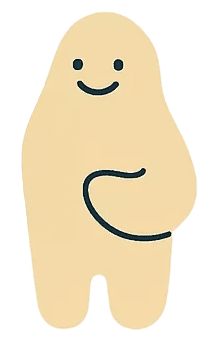 A beige, cartoon-like blob AI agent with a smiling face and simple black outlines stands against a transparent background, holding its curved arm playfully across its front.