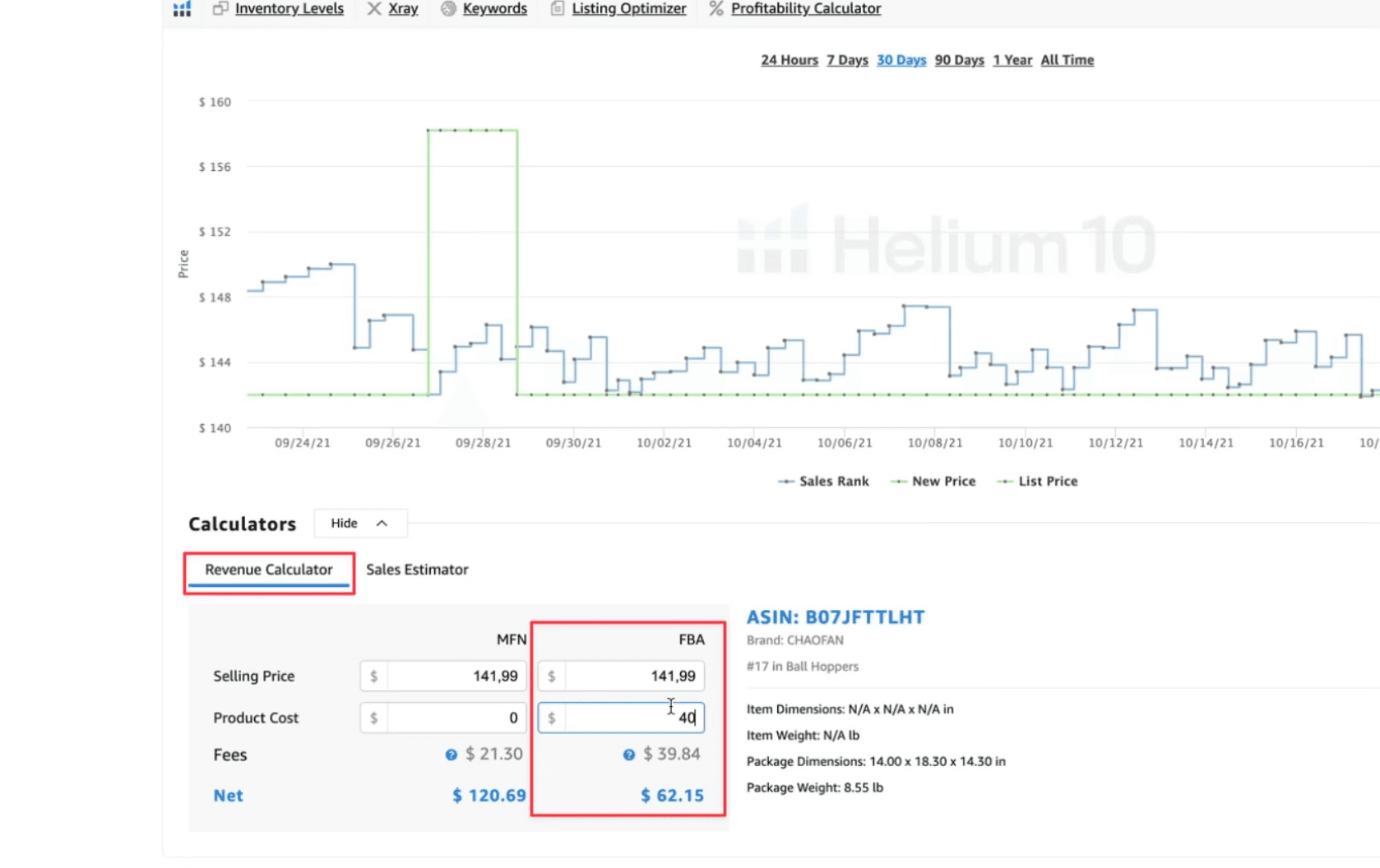 Exemple de calcul avec le Revenue Calculator de l'extension helium 10