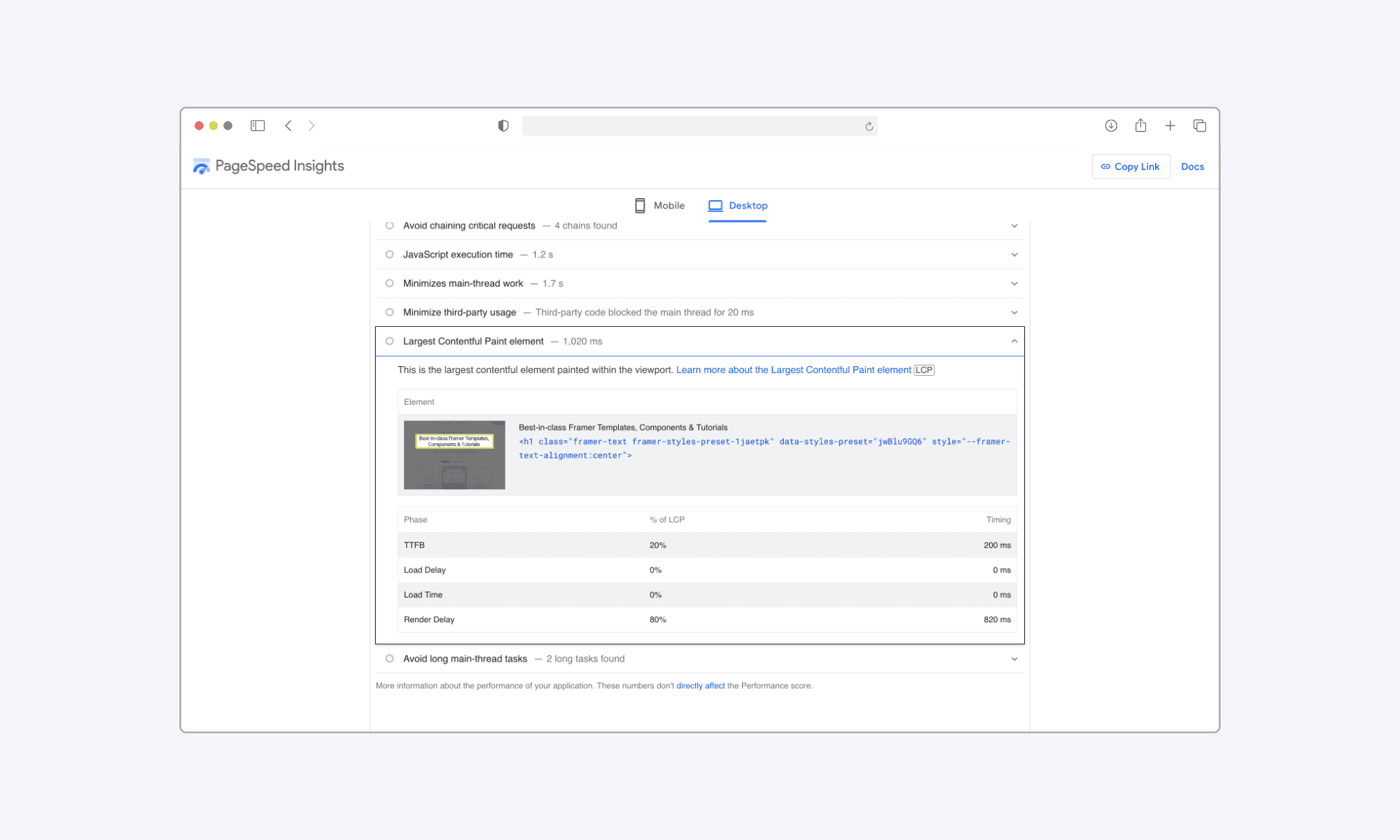 Largest Contentful Paint element section in PSI (PageSpeed Insights)