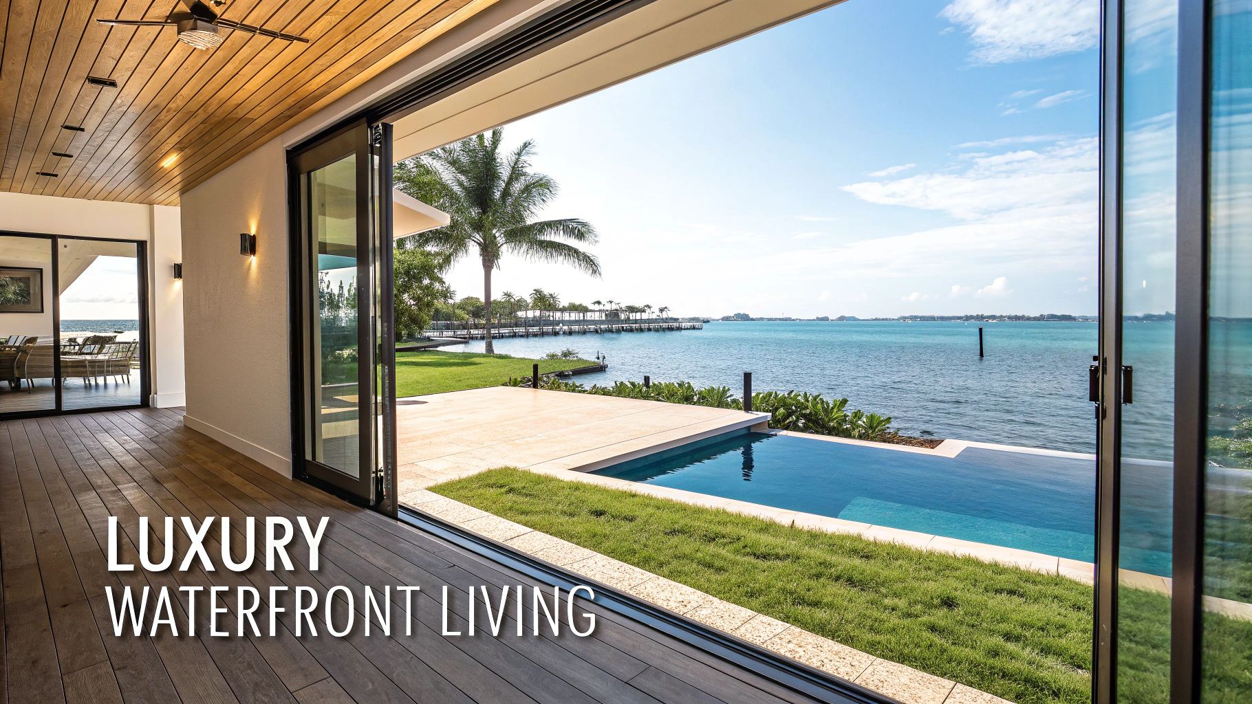 A luxurious waterfront home featuring an infinity pool, ocean views, a private pier, and modern interiors.