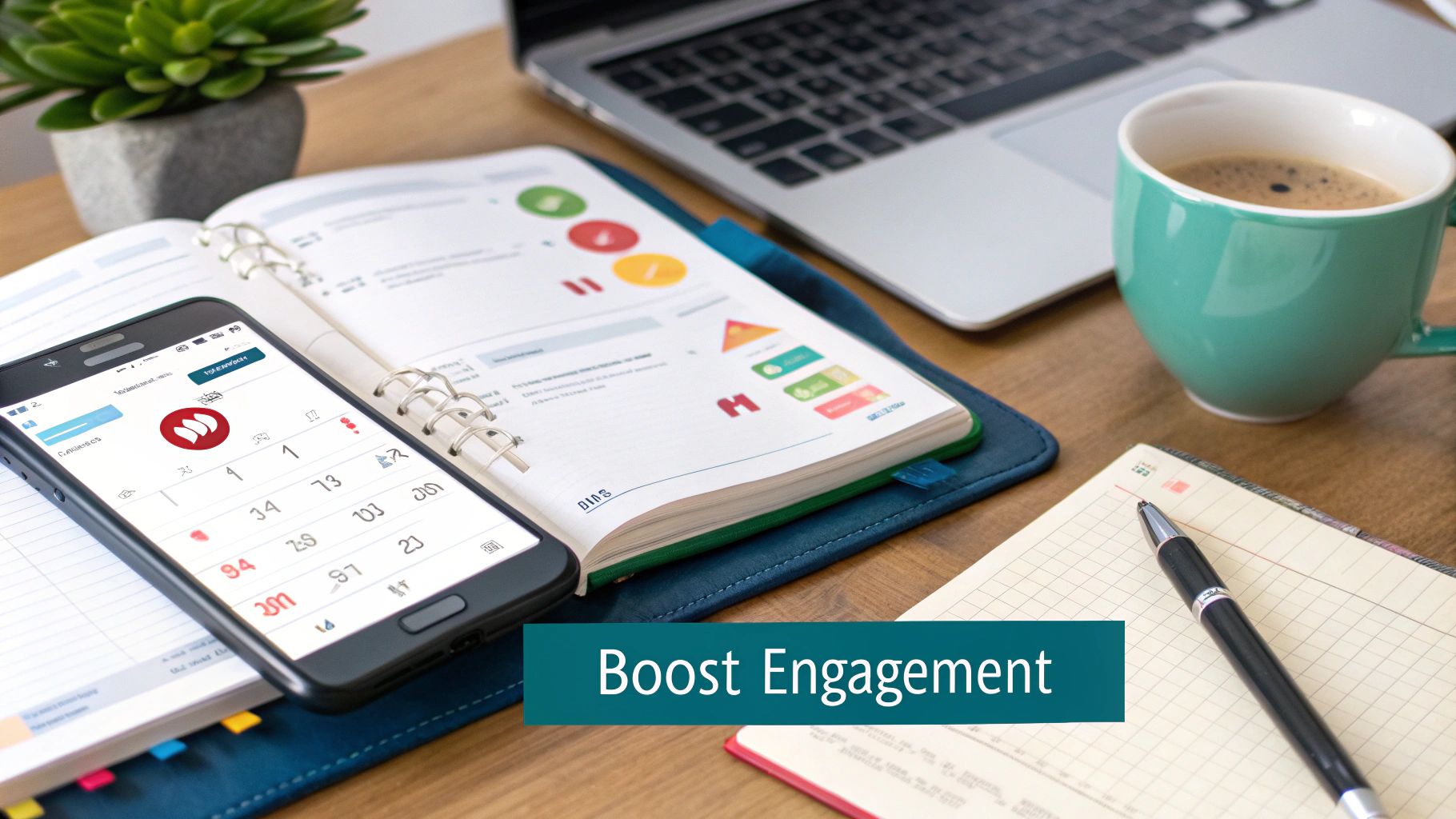 A desk scene with a laptop, smartphone, notebook, and coffee, symbolizing work engagement.