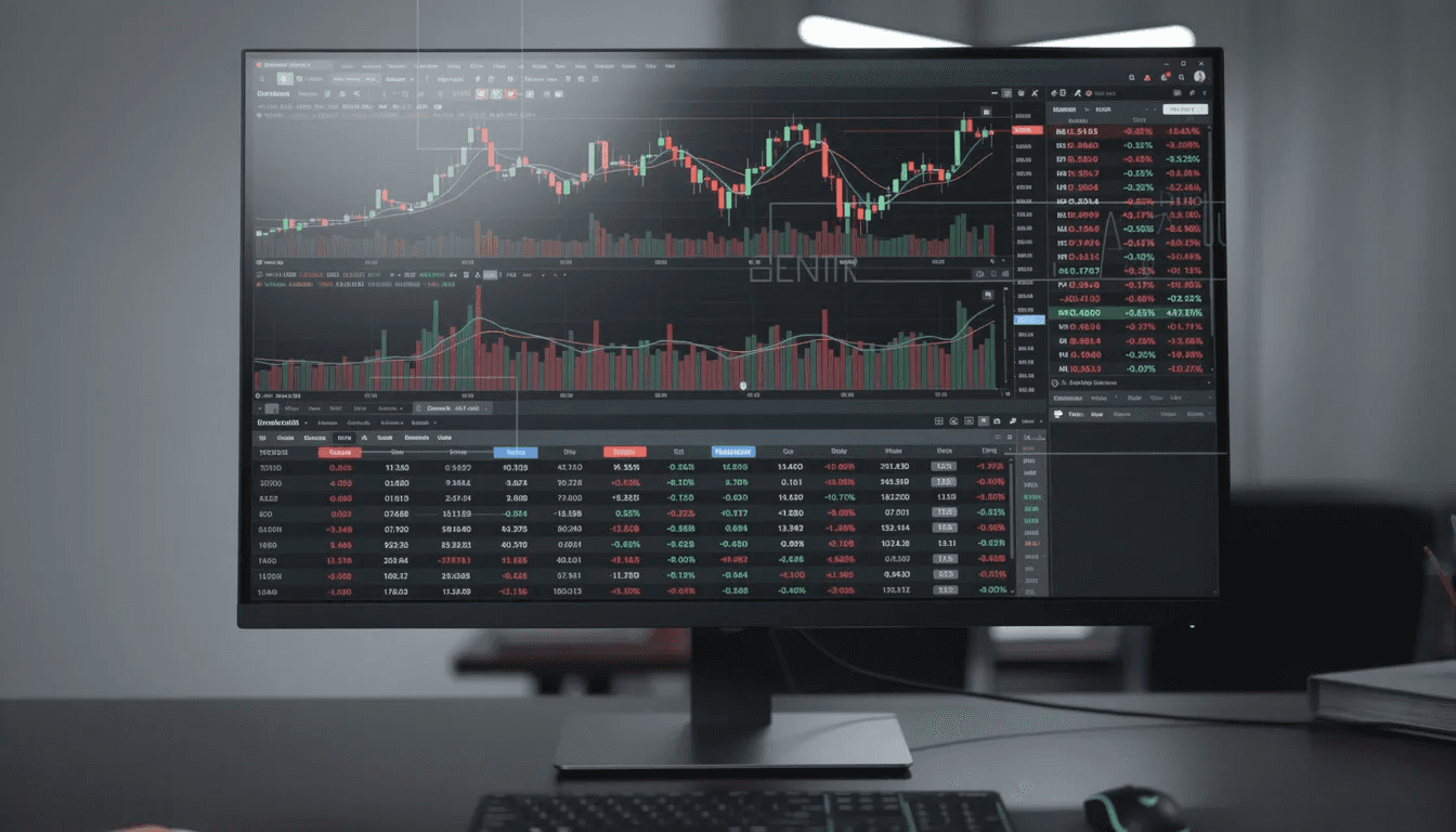 The image depicts a computer screen filled with trading charts and financial data, showcasing fluctuations in silver prices and bitcoin price, indicative of the current market dynamics. This visual representation highlights the volatility and trading patterns of precious metals and cryptocurrencies, reflecting the interests of institutional investors and the impact of global silver demand.