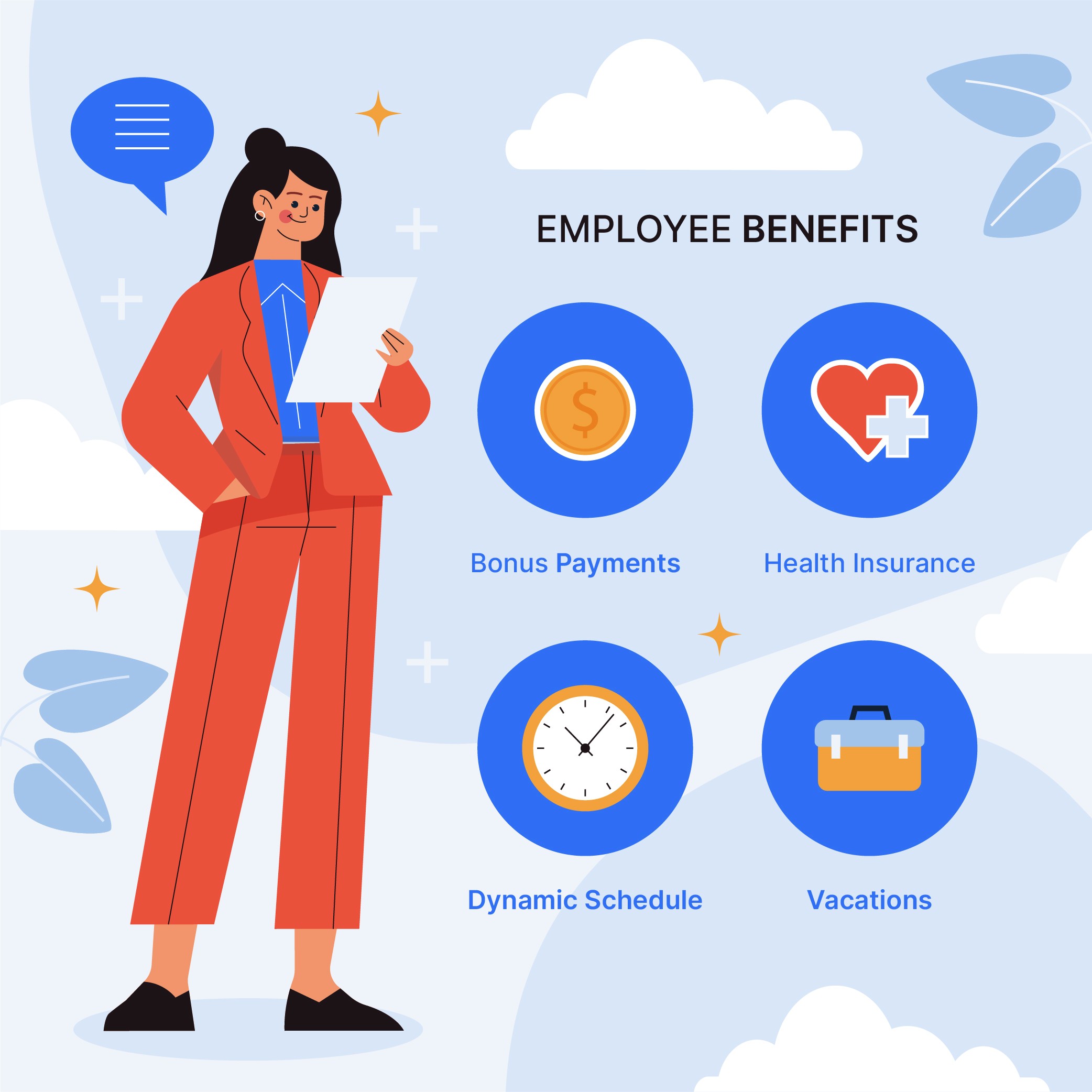 An illustration of a professional lady next to a list of employee benefits. 