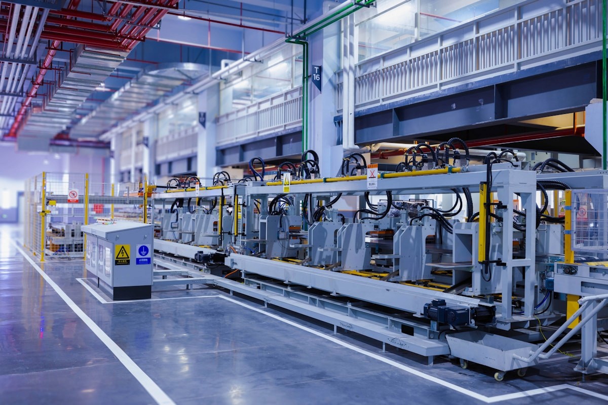 Automated production line on a factory floor