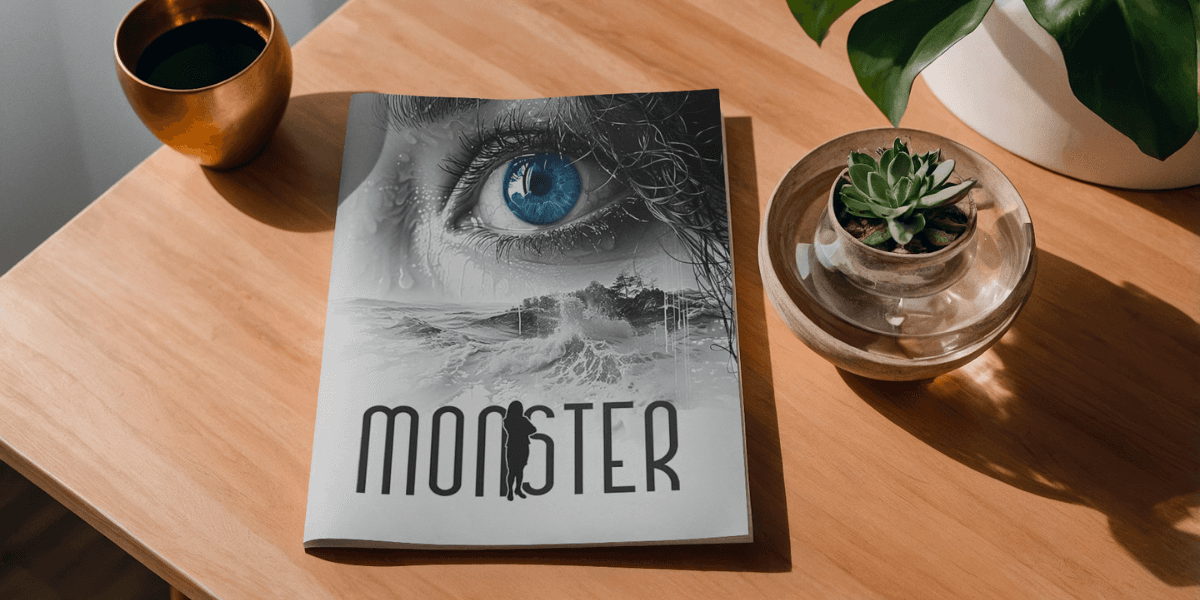 Cover of Nikki Reiter’s psychological thriller *Monster*, featuring a dramatic eye and ocean waves.