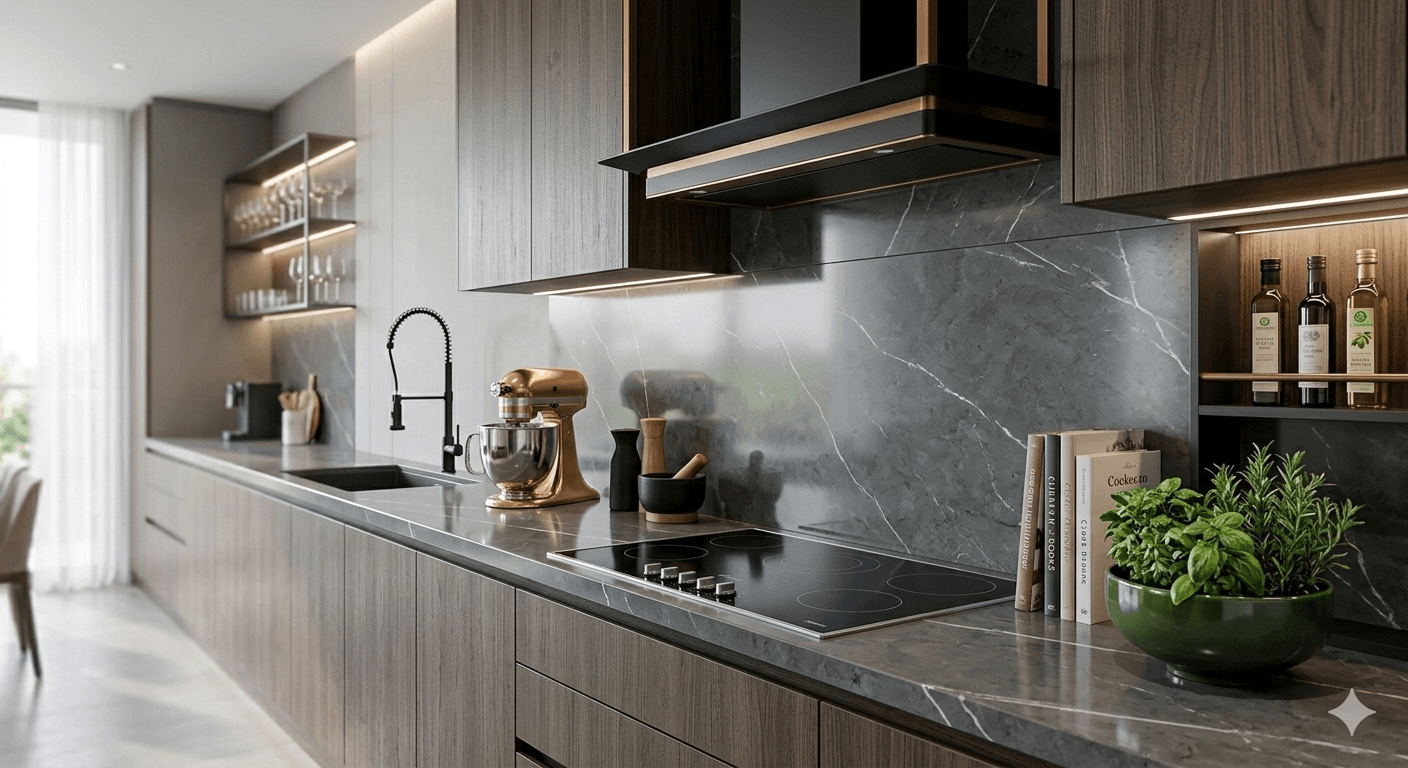 Modern modular kitchen interior with premium marble finishes in Sector 79A Gurugram luxury floors