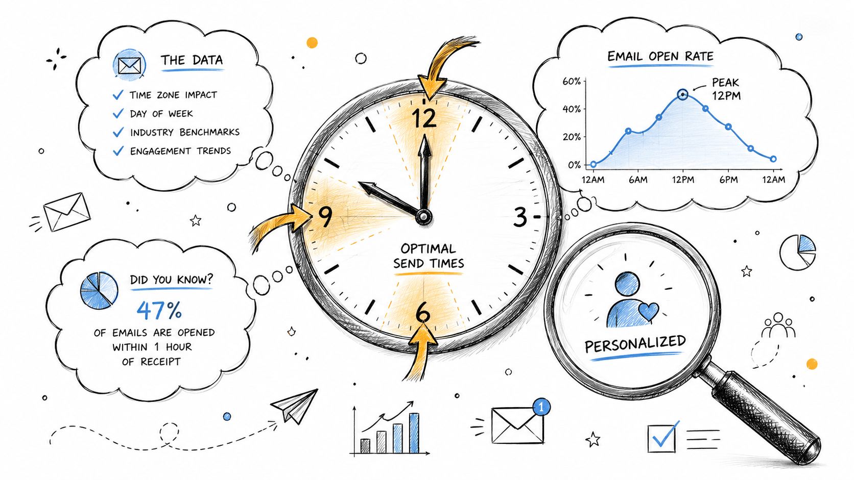A hand-drawn illustration showing optimal email send times, open rates, and the importance of personalized communication strategies.