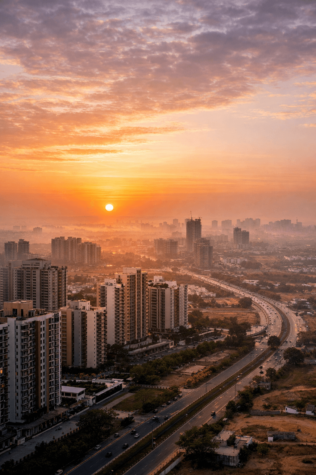 Sunrise aerial view of modern high-rise residences and expressway connectivity in Sector 90 Gurugram